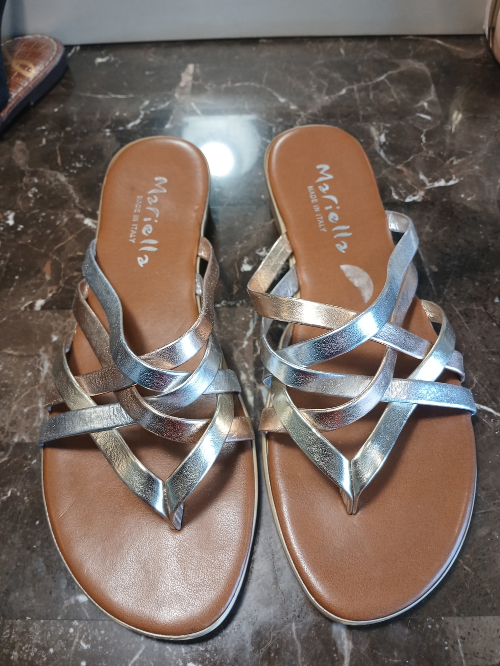 MARIELLA Italian Made Gold And Silver Strappy Slide Sandals
